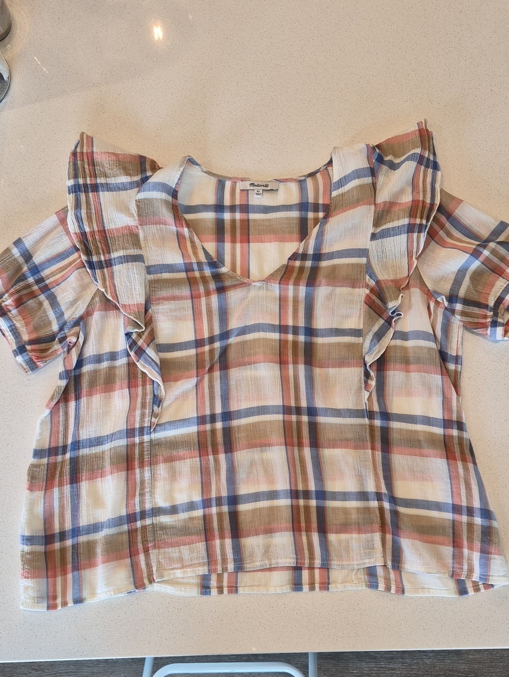 Soft Plaid Ruffle Sleeve Top - Neutral Multi